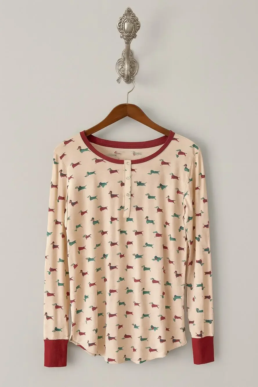 Kate Spade · Medium · Dachshund Print Pajama Top · Pink · Red Trim · Soft Knit